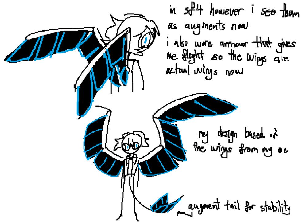 "in sf4 however i see them as augments now"
"i also wore armour that gives me flight so the wings are actual wings now"
"my design based of the wings from my oc"
the text "augment tail for stability" is seen pointed at a tail located at the bottom.