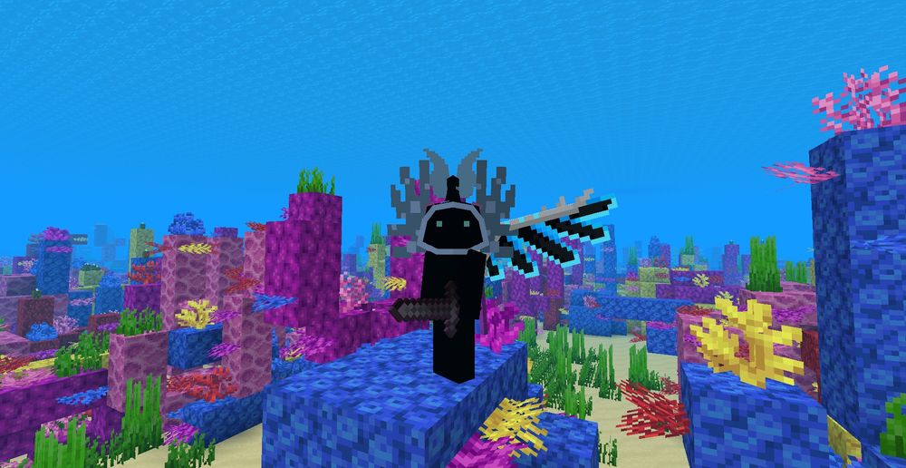 Naughtyfins standing in a coral reef biome in minecraft, holding a netherite sword