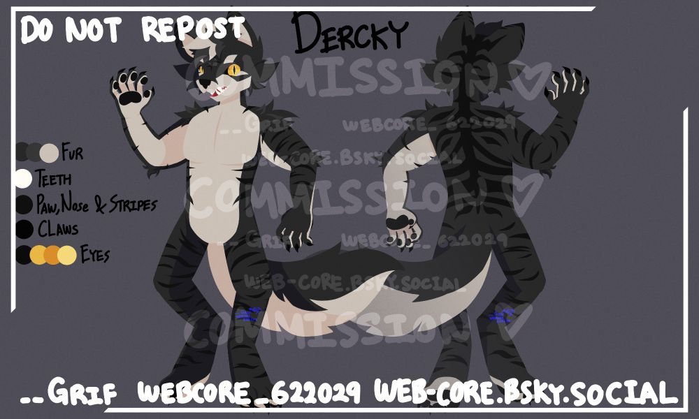reference sheet commission of a furry character
top left of image has the text: "DO NOT REPOST"
bottom right of image has the text: "__Grif, webcore_622029, web-core.bsky.social"