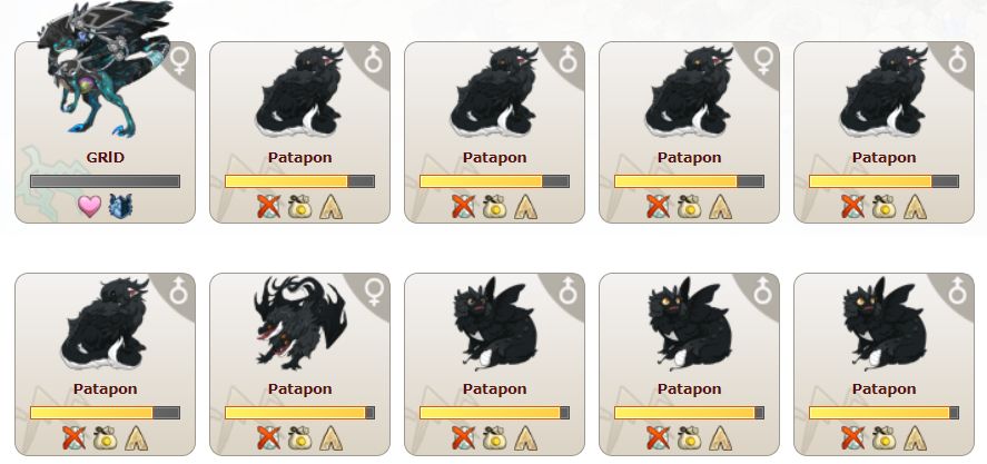 a screenshot in the game flight rising consisting of 10 dragons, one dragon is called GRlD while the rest are called Patapon