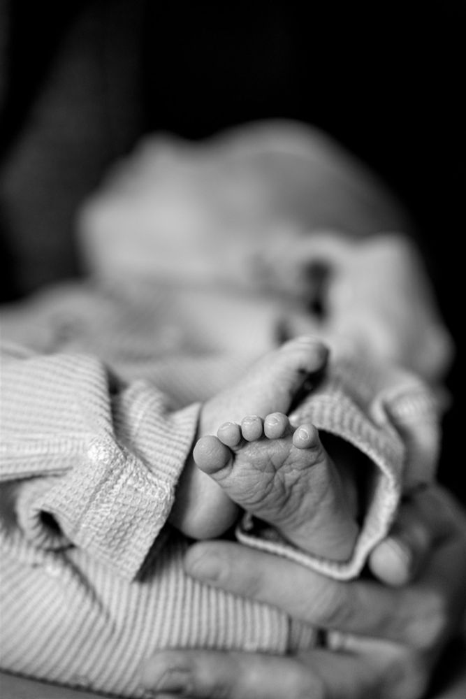 Newborn baby in black and white photo. The toes are in focus. Kayza and Vine Creative Co. Iowa Photographer 2024