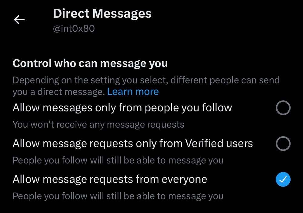 Screenshot of Twitter DM settings