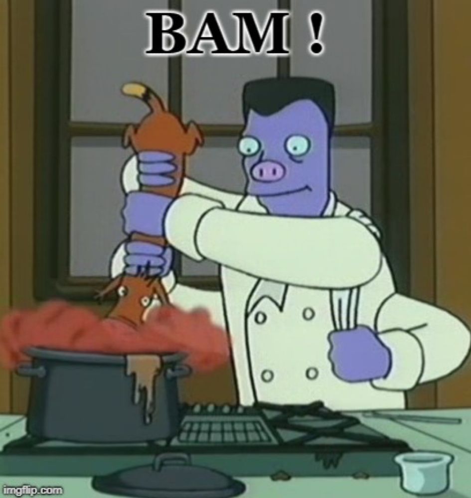 Four-armed purple alien wearing white chef coat squeezing spice out of a weasel (illustrated)