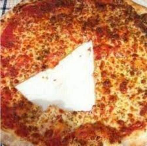 A pizza with a "slice" cut from the center