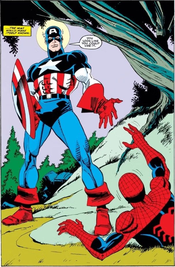 Captain America standing in front of a beaten Spider-Man, offering him a hand up.