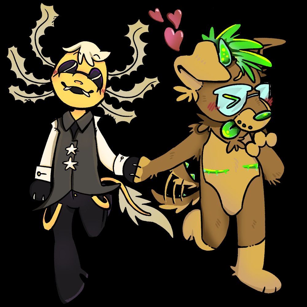 A brown dog with yellow green acents fursona and a yellow axolotl in a tuxedo fursona hanging out. Hearts are above their heads