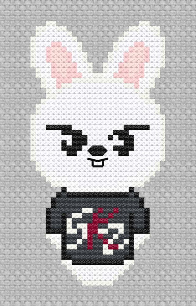 a pixel art cross stitch picture of a white rabbit in a black skz shirt
