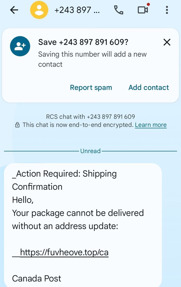 a spam text message supposedly from Canada Post asking to confirm an address