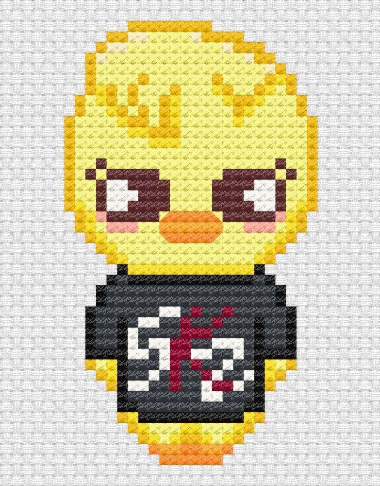 a pixel art cross stitch character of a yellow chicken in a black skz shirt