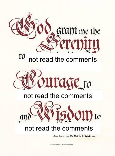 In fancy writing, text reads “God, grant me the Serenity to not read the comments, Courage to not read the comments, and Wisdom to not read the comments”