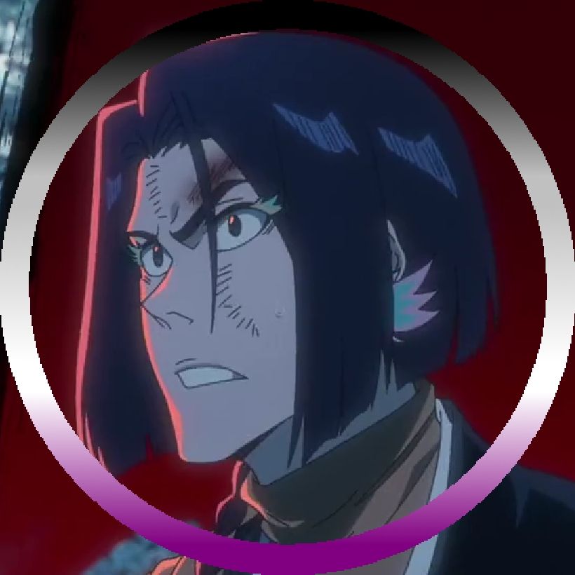 A screenshot of Yumichika from Bleach TYBW Ep 22. His face is bruised, and he is staring at something in the distance, looking surprised. An asexual twibbon is added on top of the screenshot. 