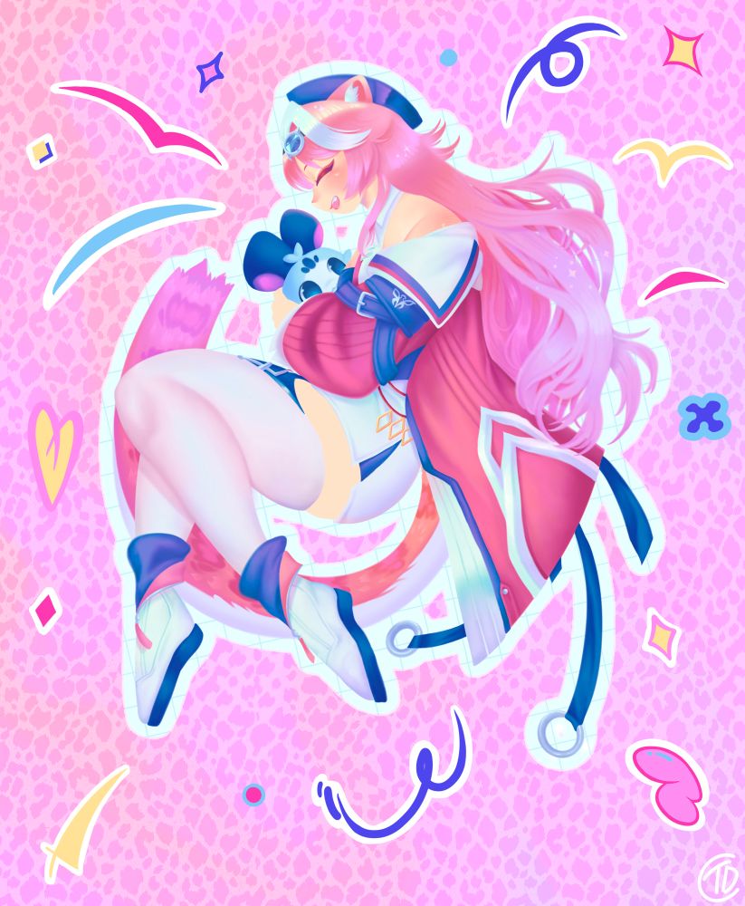 Digital art of Raora Panthers curled up on her side hugging a little chattini over a pink background.