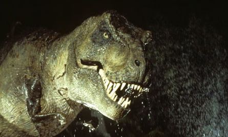 T Rex in Jurassic Park looking very serious.