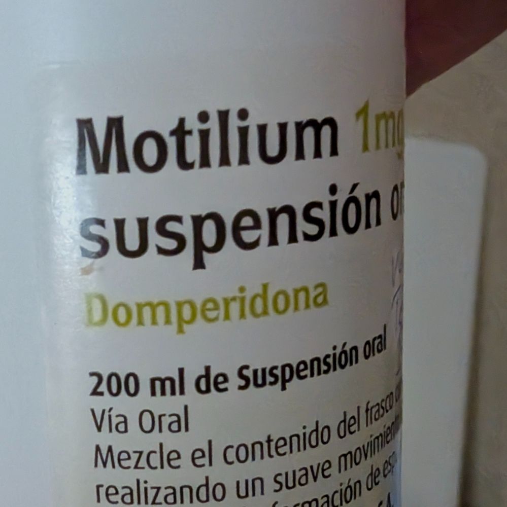 Photo of a medication bottle.
Motilium suspención
Domperidona