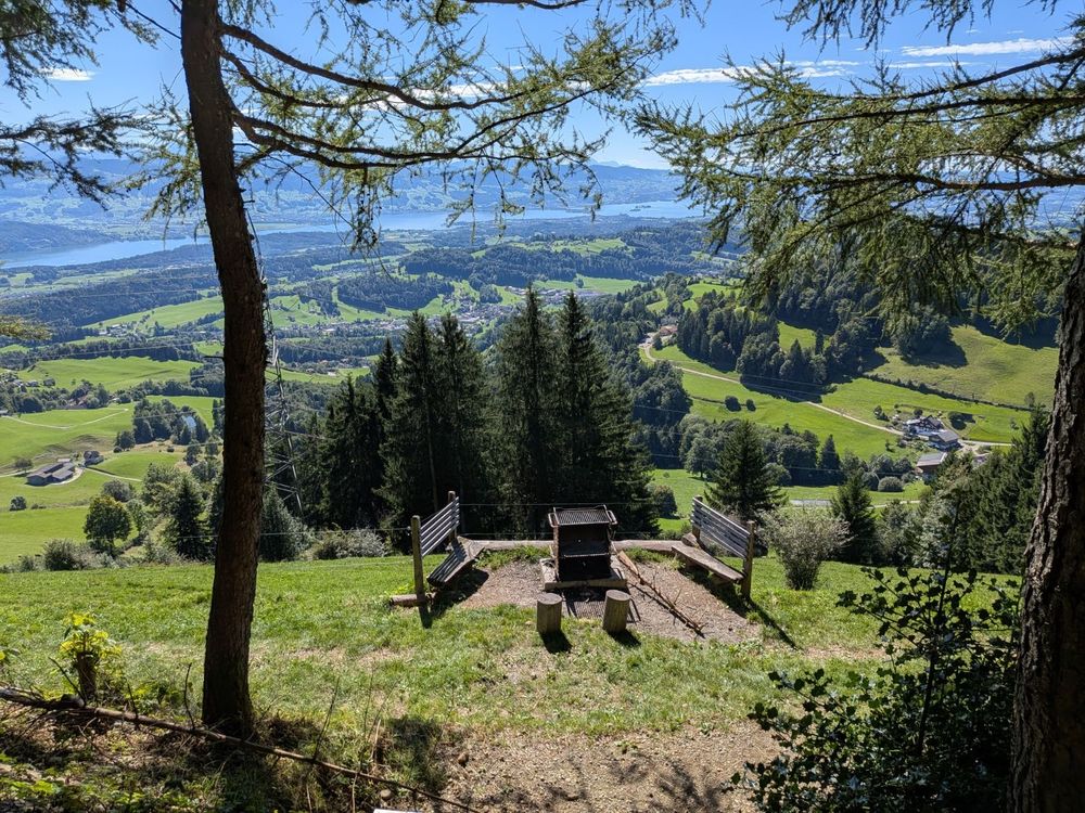 Ausblick vom Esstisch oberhalb der Grillstelle. Links die Alpen dovor der Zürichsee direkt darunter das Zürcher Oberland