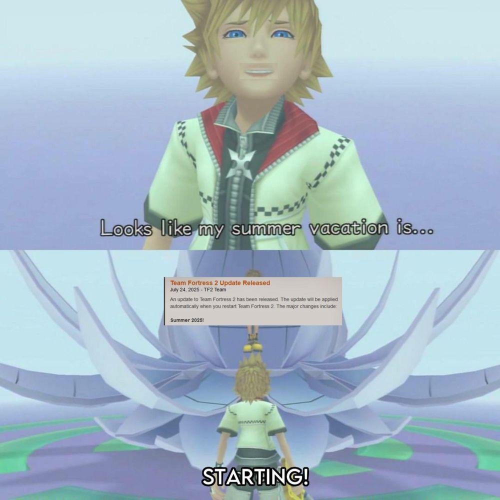 A scene from Kingdom Hearts 2 but it says "Looks like my summer vacation is... Starting!"