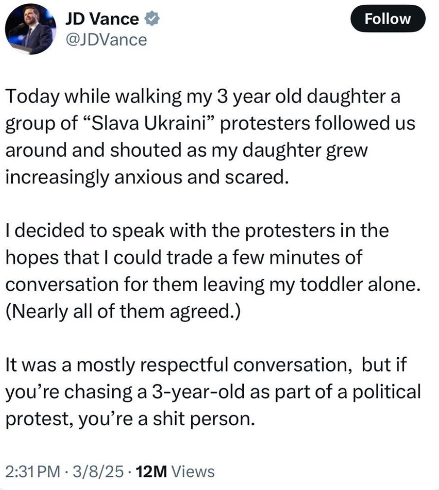 Tweet from JD Vance pissing and moaning about how pro-Ukrainian protesters followed him and his daughter around.