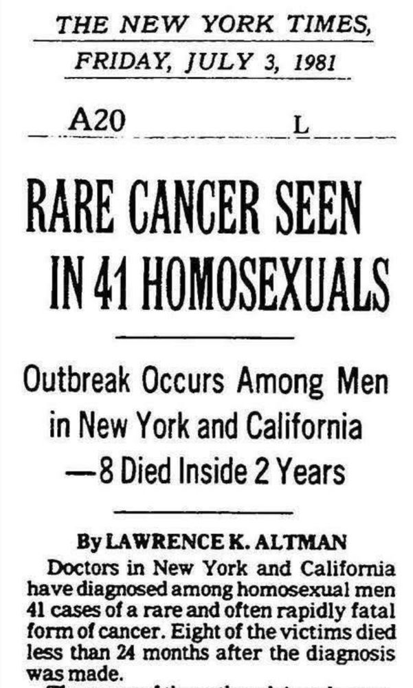 New York Times headline from 7/3/81: "Rare Cancer Seen in 41 Homosexuals." The single-column story ran on page 20.