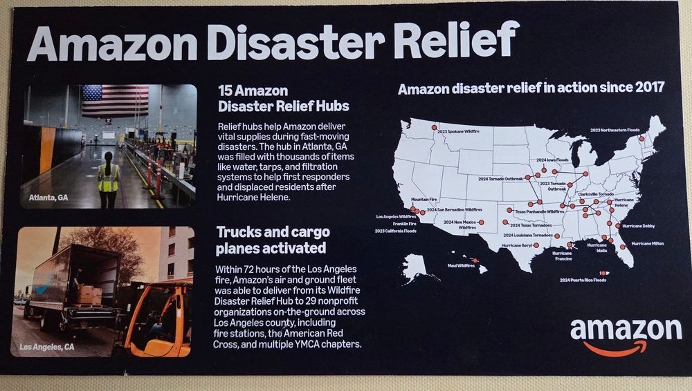 Postcard received from amazon depicting disaster relief deliveries to cities all over a US map.