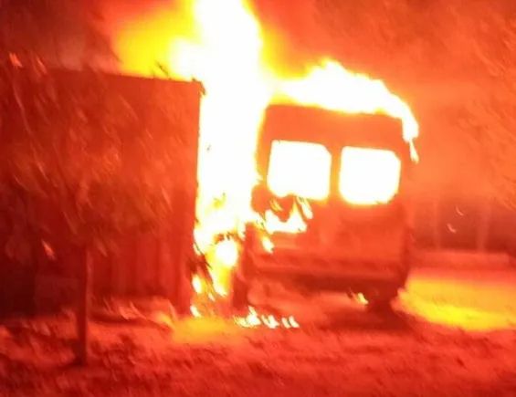 A van burning in the village Jab'a 