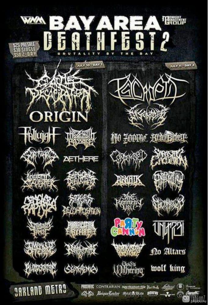 Poster for the Bay Area Deathfest 2 metal festival. All the band logos present are white on black, scratchy and mostly illegible with the exception of Party Cannon's colourful bubble writing. 