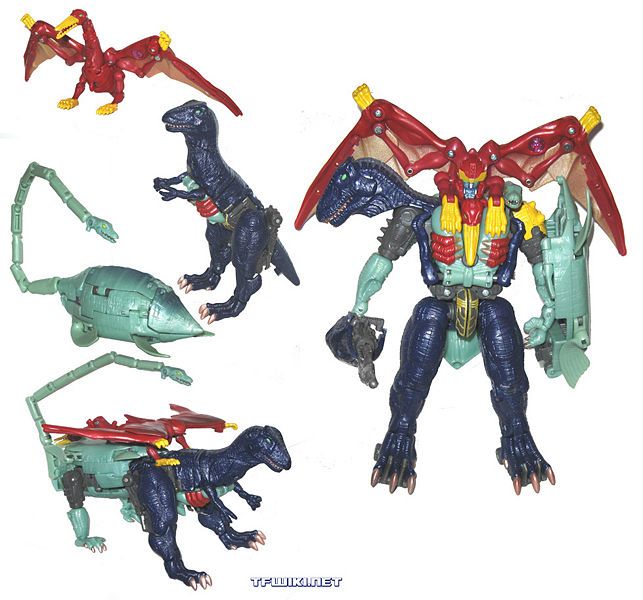 Magmatron toy composed of 3 dinosaurs.