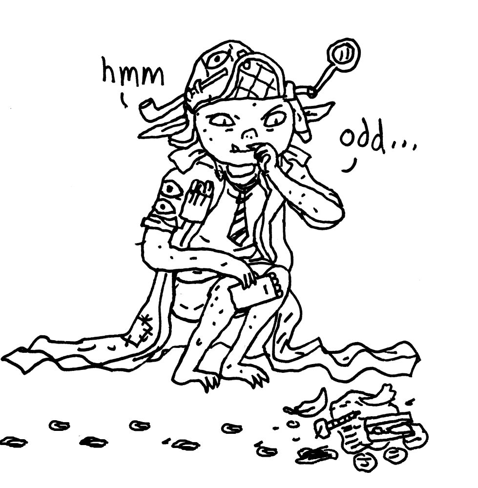 goblin detective looking at clues