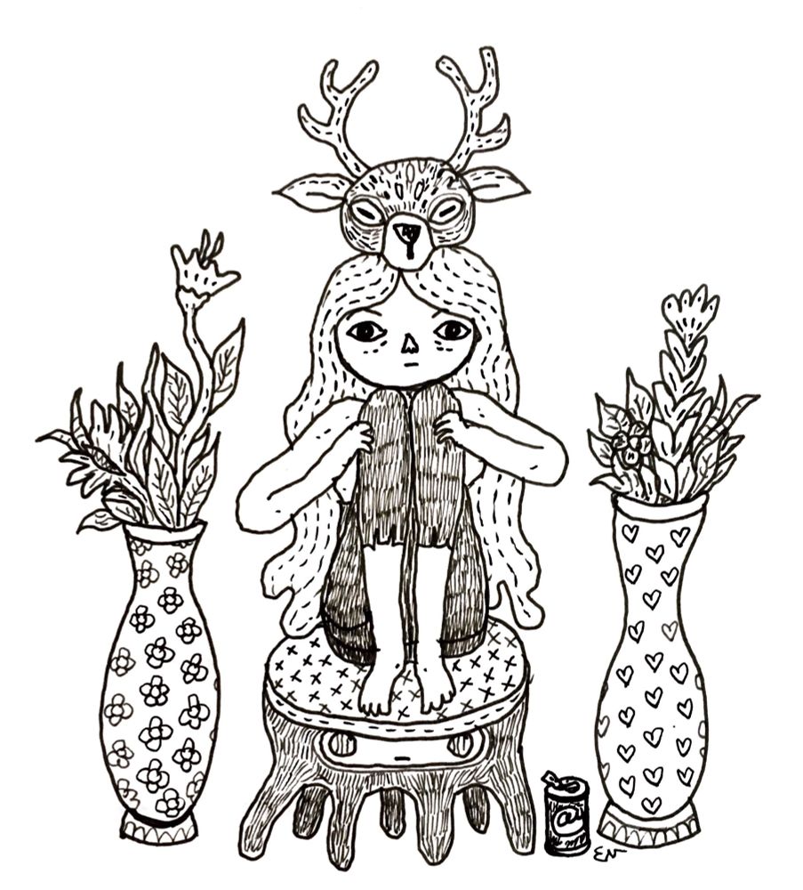 A girl sitting on a creature, she have a dear head on her head. Two pot of flowers beside her and a can of coca.