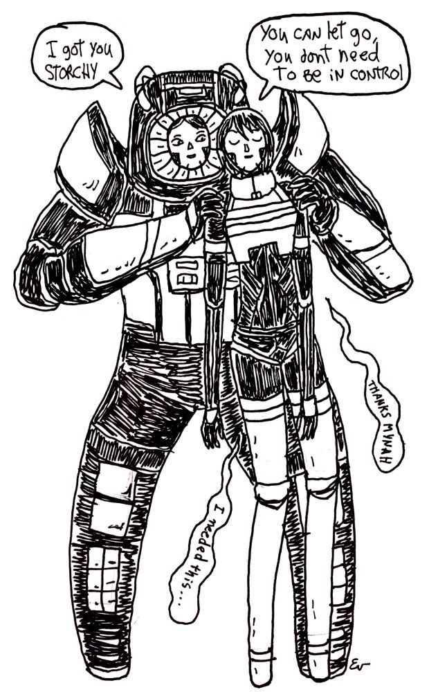 Mynah holding Storch by the shoulder and telling her that she can let do and stop being in control. Storchy look very relaxed and say thanks Mynah I needed this. 