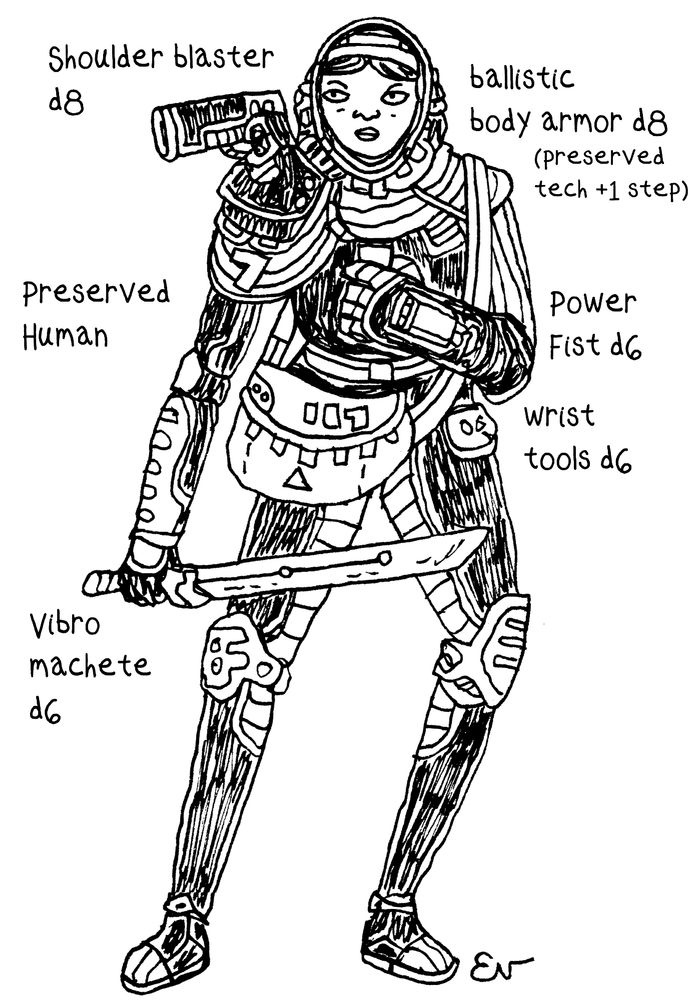 Preserved human with preserved tech body armor, power fist, wrist tools, vibro mache and shoulder blaster.