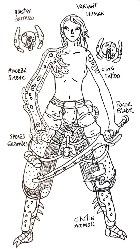 Tall human holding a force blade and only wearing an amoeba sleeve for armor. 