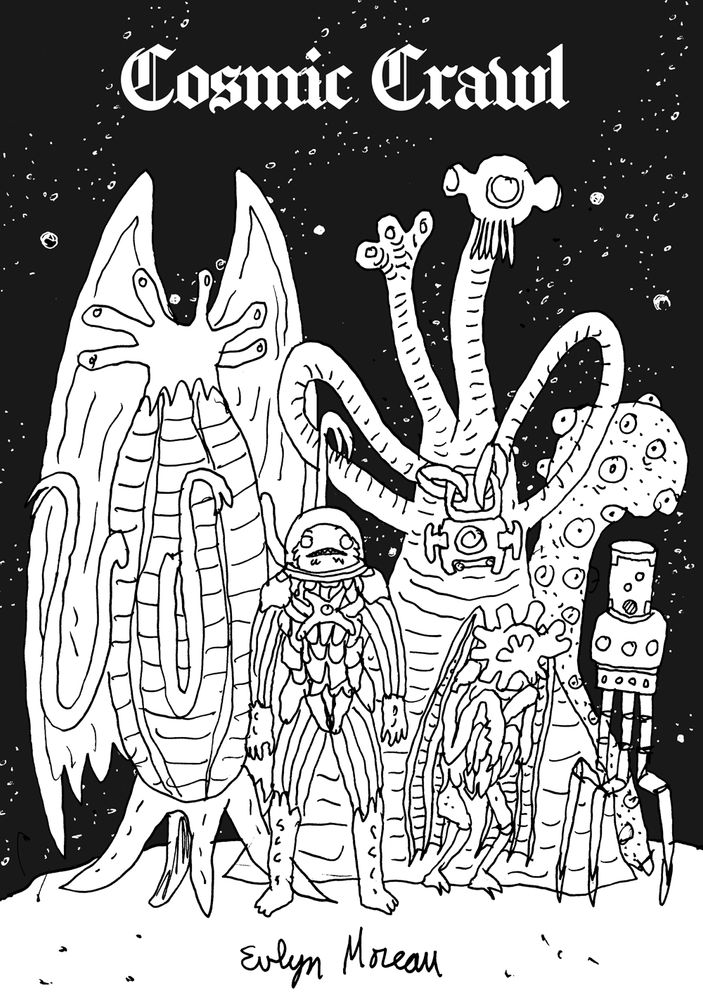 mock cover of my zine with an Elder Thing, a deep one, ythian, migo, brain cylinder and shoggoth.
