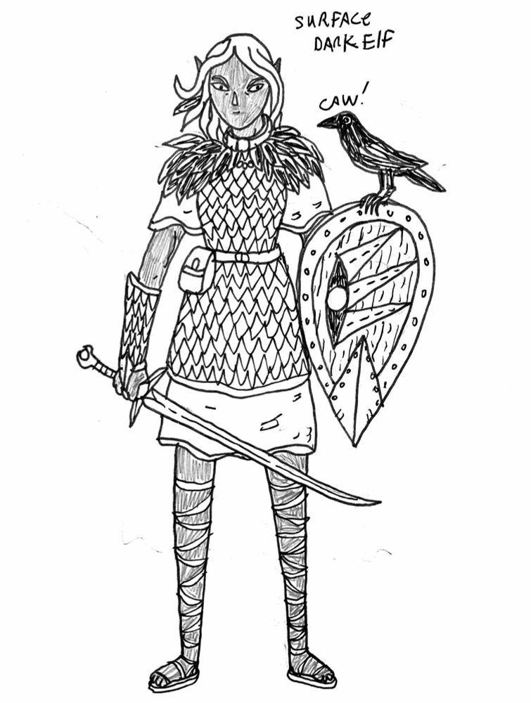 Dark elf with a sabre and a crow on her shield