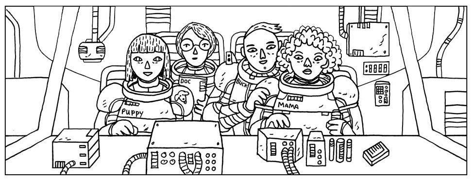 view of the space shuttle cockpit featuring the 4 characters in vac suits without their helmets. 