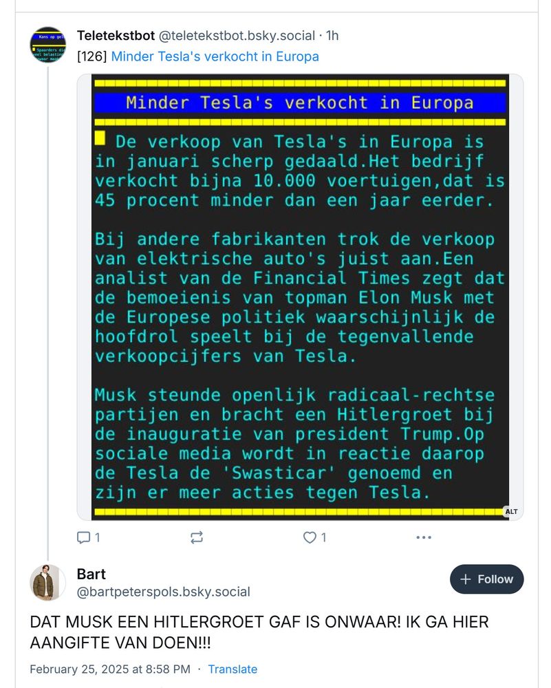 Screenshot van NOS Teletekstbericht waarin de NOS terecht vaststelt dat Musk een Hitlergroet deed. Wappie trekt dat slecht en wil aangifte doen in een reply op het bericht.