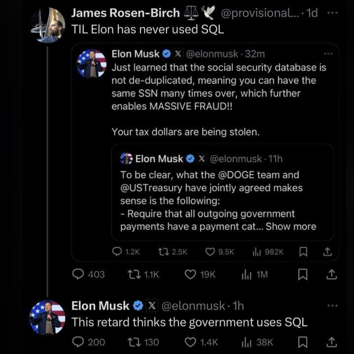 Screenshot of tweet from Elon Musk where he states the US government doesn't use SQL.