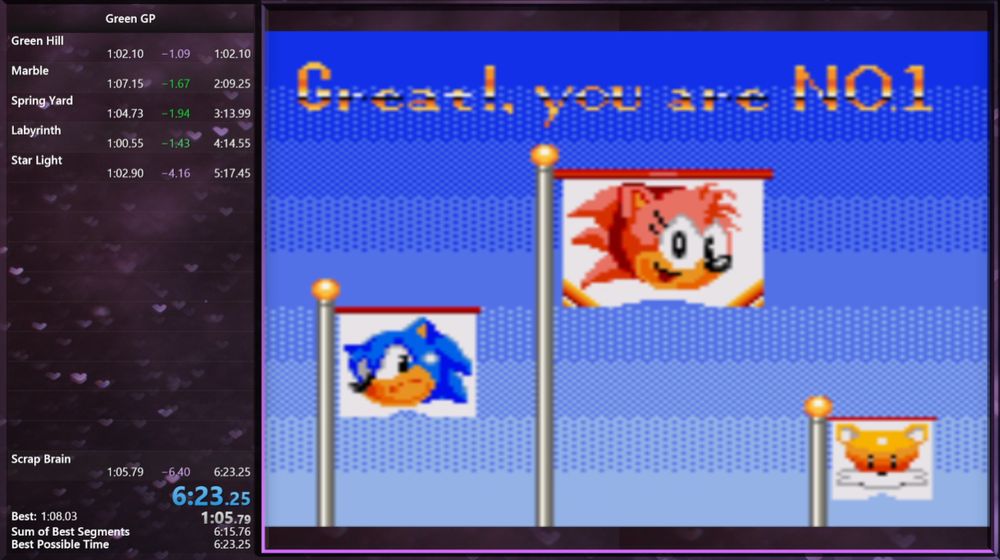 Completed run of Sonic Drift Green GP with splits, final time is a 6:23