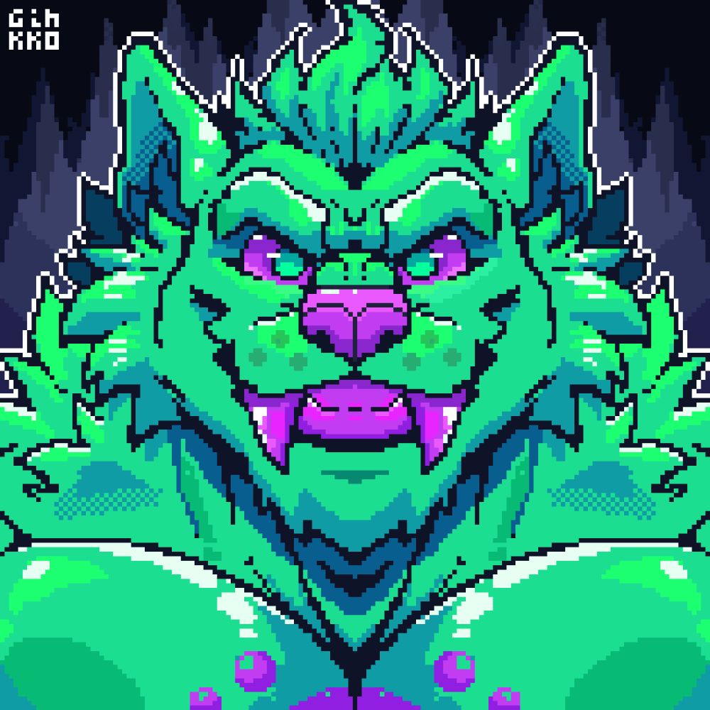 A pixel art icon of Kolligo the goo werewolf. He is grinning with large fangs. Part of his big pecs and his core are partially visible. He is mostly green with his teeth, nose, sclera and core being purple. The background is a dark cave with stalactites.