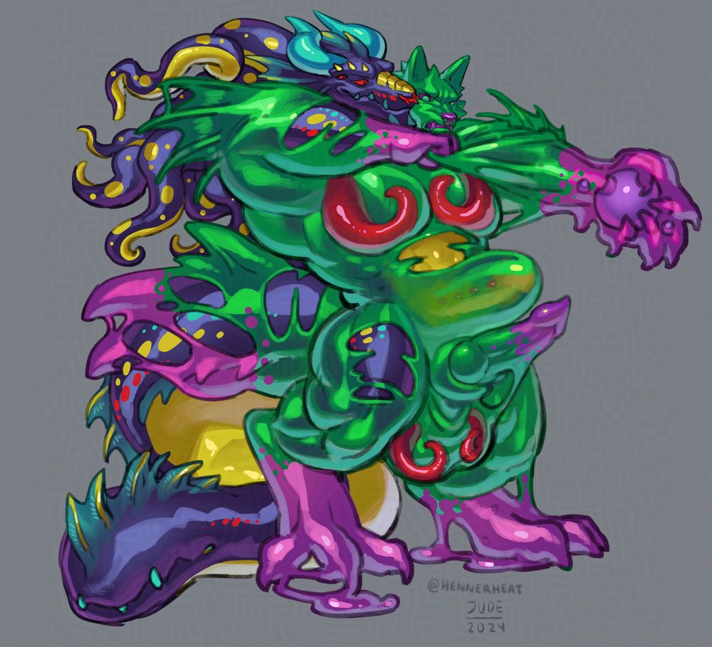An interaction between Pi a large goo monster who is smuttylux.bsky.social 's OC and Kolligo. Pi has decided to try and wear Kolligo putting him on to wear like a suit. Pi has grabbed Kolligo's core for more control over him to better fit him. Kolligo's is able to cover most but not all of Pi in a skin tight layer. The exposed areas include Pi's tail, stomach, right thigh, right forearm and head. Pi is using his right arm to pull Kolligo's goo into place for his left arm which is holding Kolligo's core. The red swirls on Pi's pecs act as tentacles wrapping around their combined pecs. Pi is grinning smugly while Kolligo is bracing himself for being stretched so much. The other reason for Kolligo's bracing is Pi is using his barbed penis to bulge Kolligo's stomach. The penis is visible through a layer of Kolligo's goo. Below Kolligo's bulging stomach is Kolligo's knotted penis fully erect coming out of his sheath. Further below on their combined balls there is also the swirling tentacles similar to the ones on their pecs.