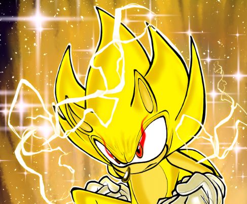 Super sonic staring a bit to the left of the viewer with golden aura and lightning around him