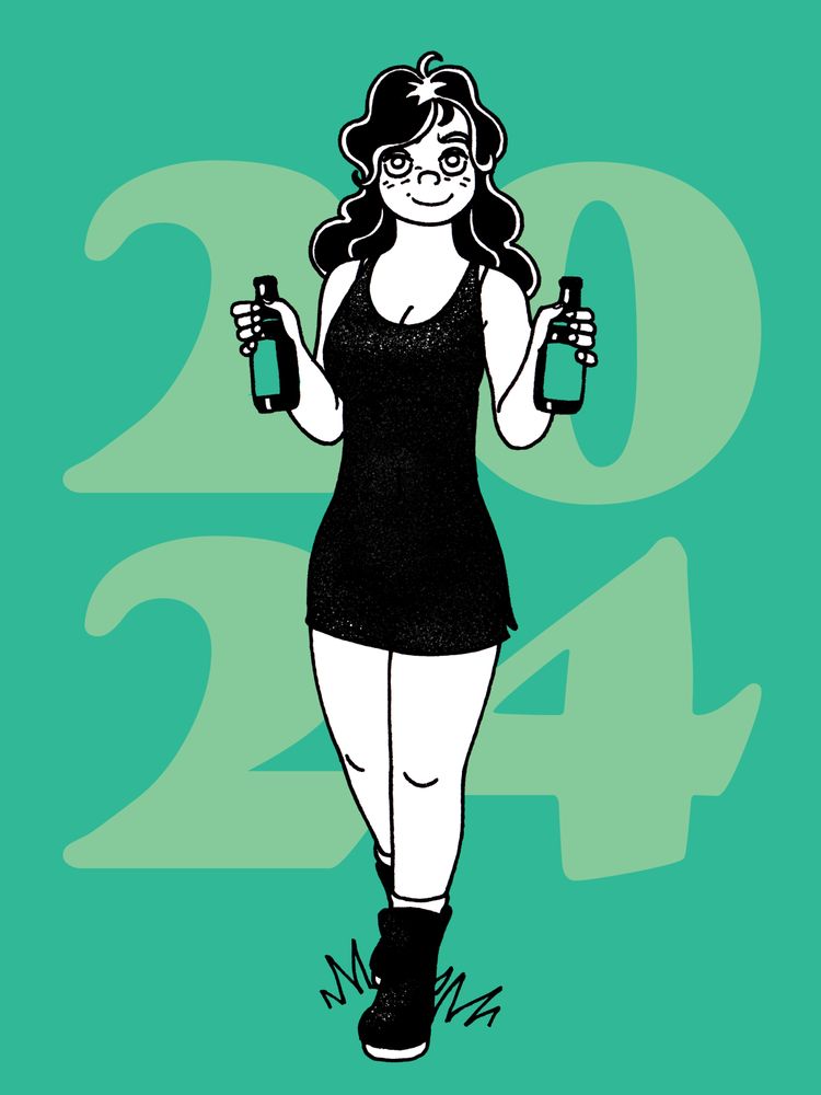 Nelly turns up with a couple of bottles in front of a background which reads "2024".