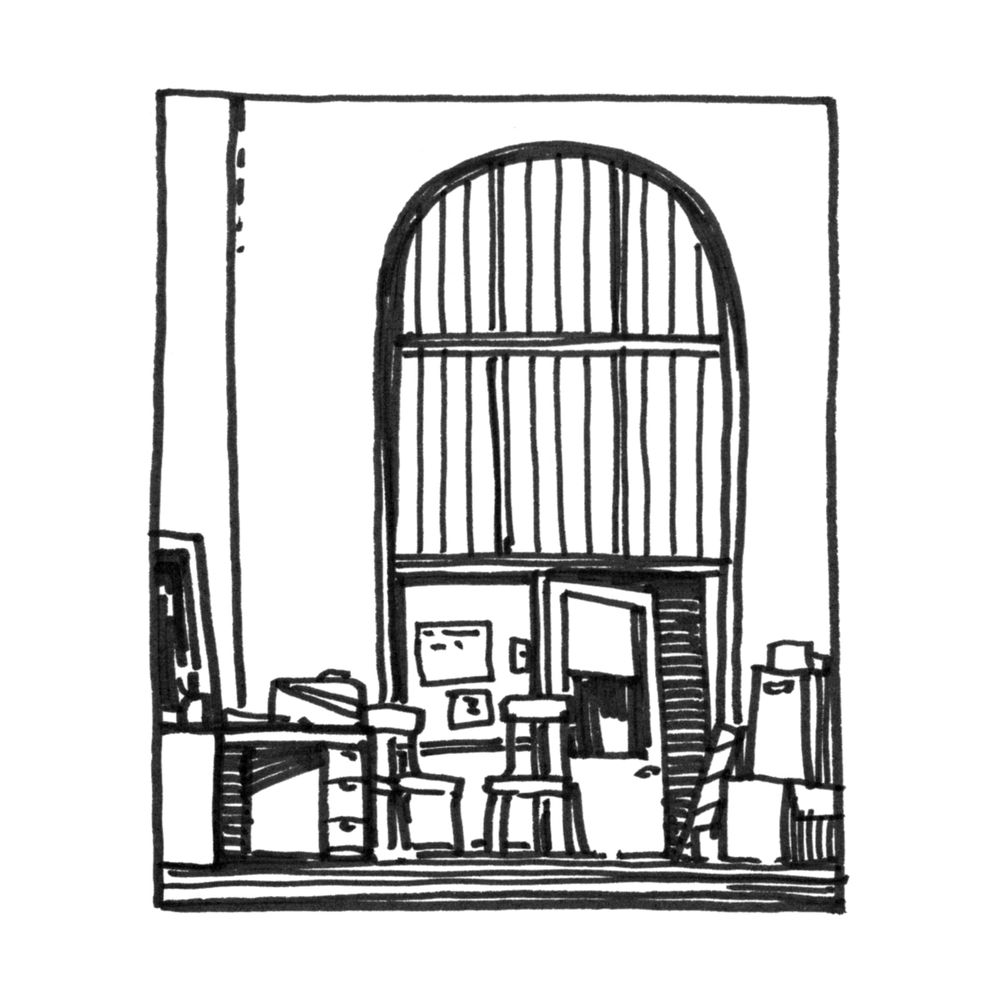 A tiny pen sketch of a cluttered room with a big arched window over an open door.
