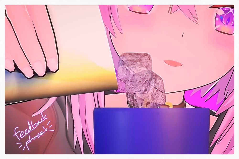 Stylized film-print style still of Okayu from the HoloJam 6 trailer, pouring ice into a cup with an expression rivaling the gods. Signed glowy "feedback phase!" text with catlike decor in the lower left.