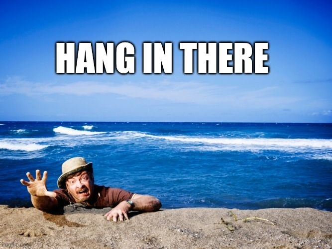 Rhys Darby holding the edge of a cliff with the ocean behind him with the text hang in there.