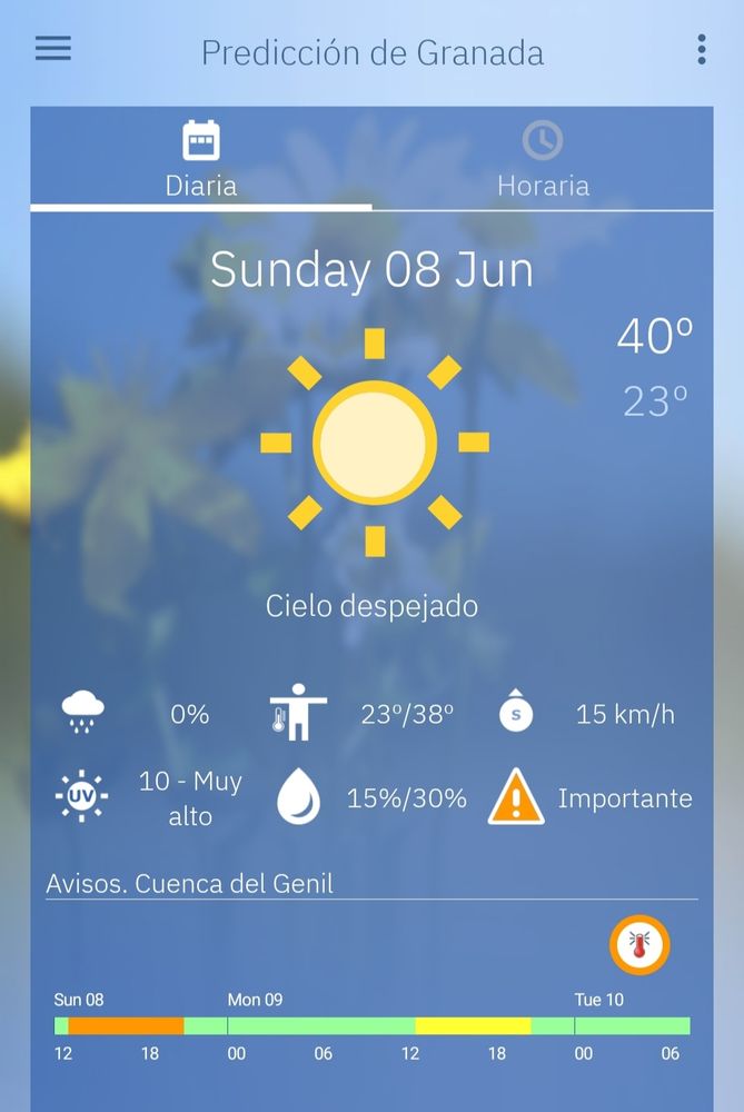 Screenshot of 40 degree temperature prediction for Granada from official Spanish AEMET app