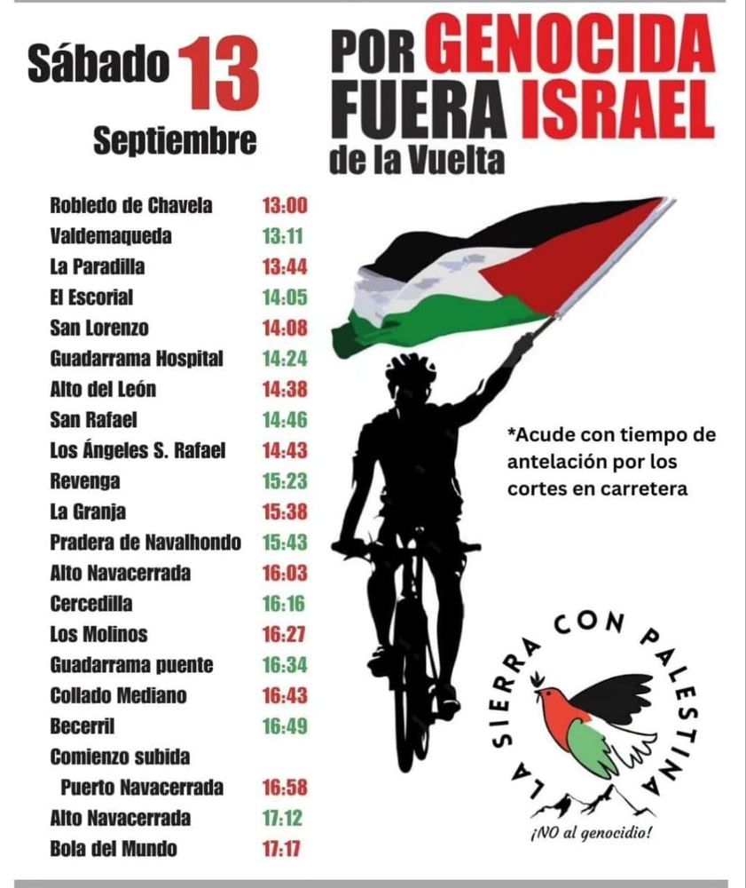 Poster promoting anti-genocide protests for the final weekend of La Vuelta a España bike race