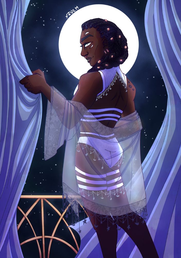 A digital drawing of Etienne. They are standing with their back to the camera, looking sultrily over their shoulder, pulling a curtain closed. Their hair is in a braid over their shoulder with gold beads in it, and they are wearing white lingerie and a sheer white outer layer. Behind them is the night sky, the full moon framing their face like a halo.