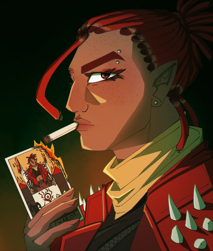 A digital portrait of an oc, Adrienne. She is holding the Chariot tarot card, which is on fire, and that she is using to light her own cigarette. She's looking off screen with a challenging expression.
