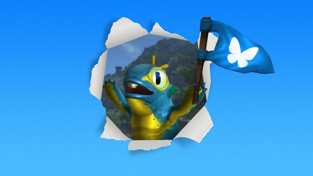 Welcome image for the BlizzardCS Bluesky account featuring a baby murloc holding the Bluesky flag.