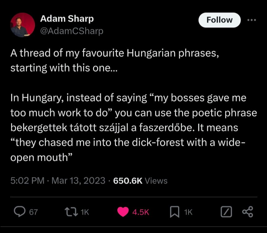 Tweet from Adam Sharp, @AdamCSharp, Mar 13, 2023:

A thread of my favourite Hungarian phrases, starting with this one…

In Hungary, instead of saying “my bosses gave me too much work to do” you can use the poetic phrase bekergettek tátott szájjal a faszerdőbe. It means “they chased me into the dick-forest with a wide-open mouth”
